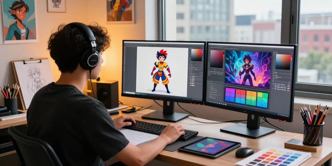 Dynamic scene of an artist using AI tools to create NSFW illustrations, showcasing vibrant designs and a creative workspace.