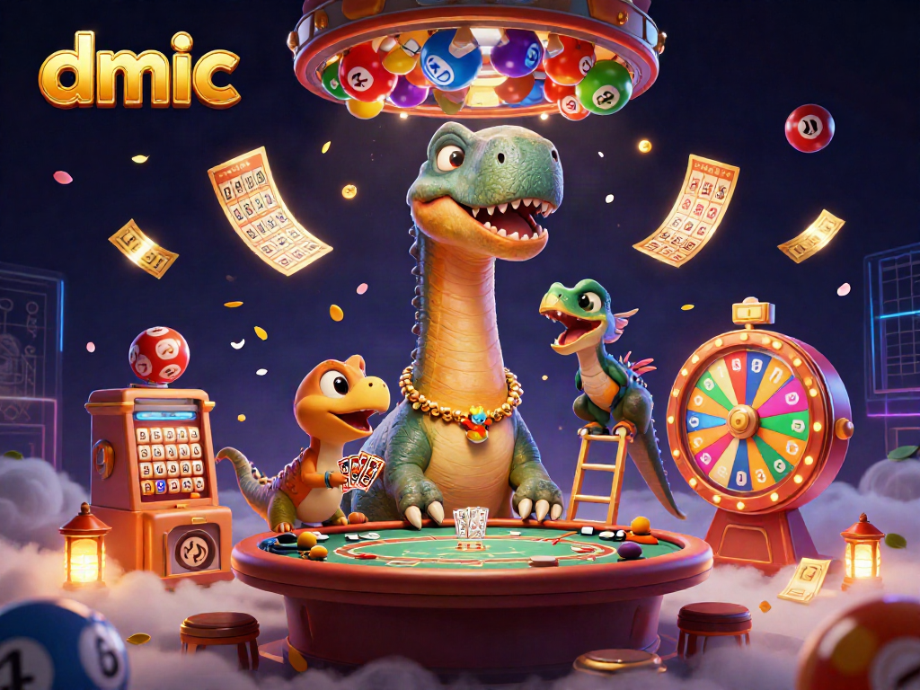 Engage with dmic's vibrant casino scene featuring a brontosaurus and clever raptor in 3D
