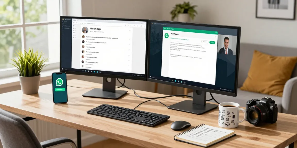 User interacting with WhatsApp電腦版 desktop application in a modern home office.
