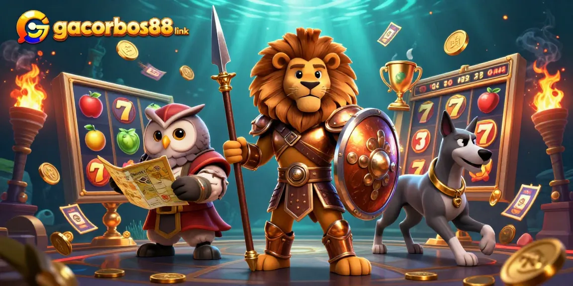 Experience thrilling gameplay with gacorbos88 link, featuring a Spartan lion in an action-packed casino setting.