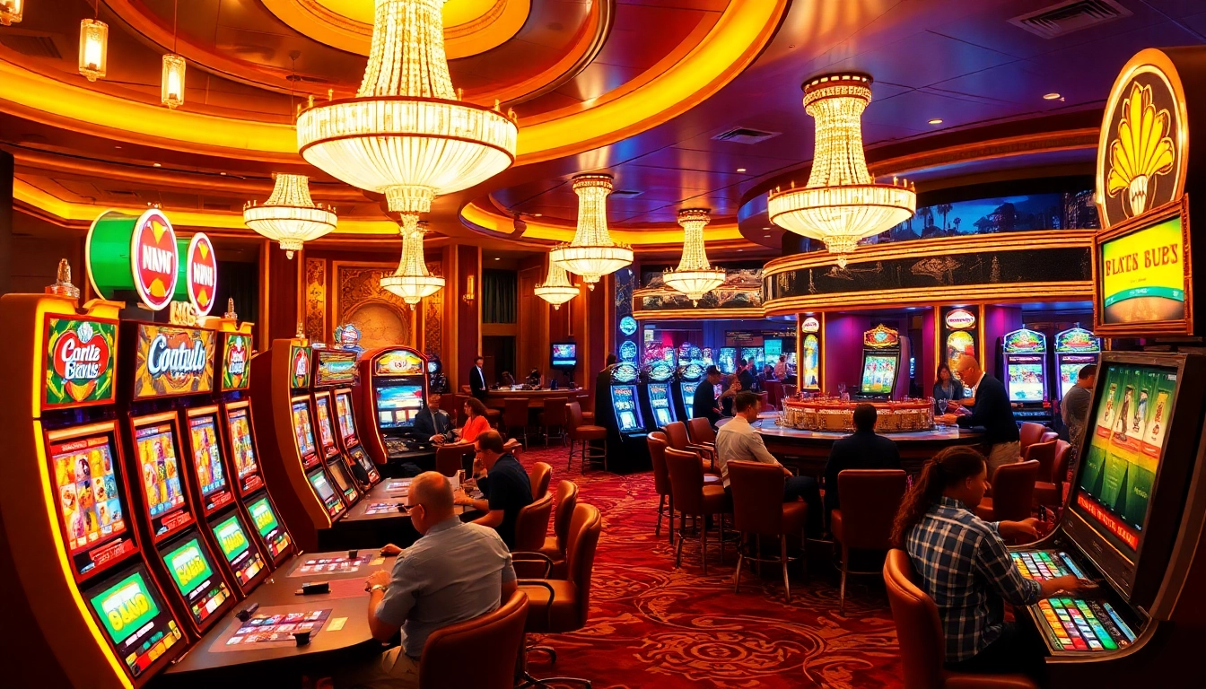 Permainan di kasino bbni4d yang menampilkan meja judi dan mesin slot berwarna cerah.
