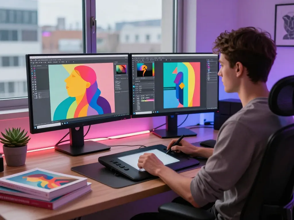 Digital artist engaging with the Nano Banana 2 AI image editor in a vibrant creative workspace.