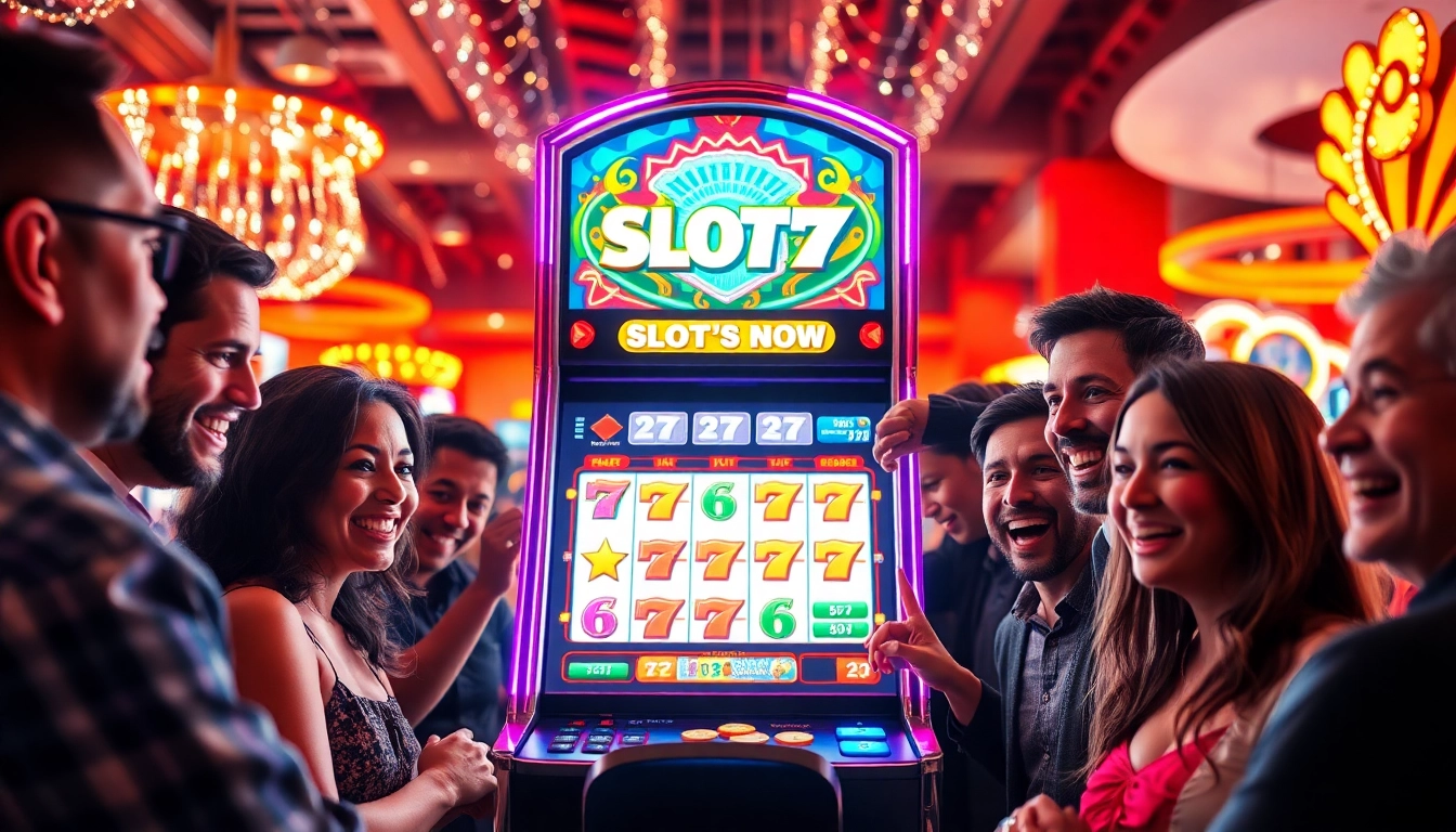 Slot77 terletak di tengah suasana permainan yang ramai dengan pemain yang gembira.