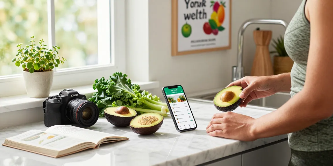 Healthy meal preparation in a bright kitchen with best nutrition tracking app displayed on a smartphone, emphasizing a focus on healthy eating.