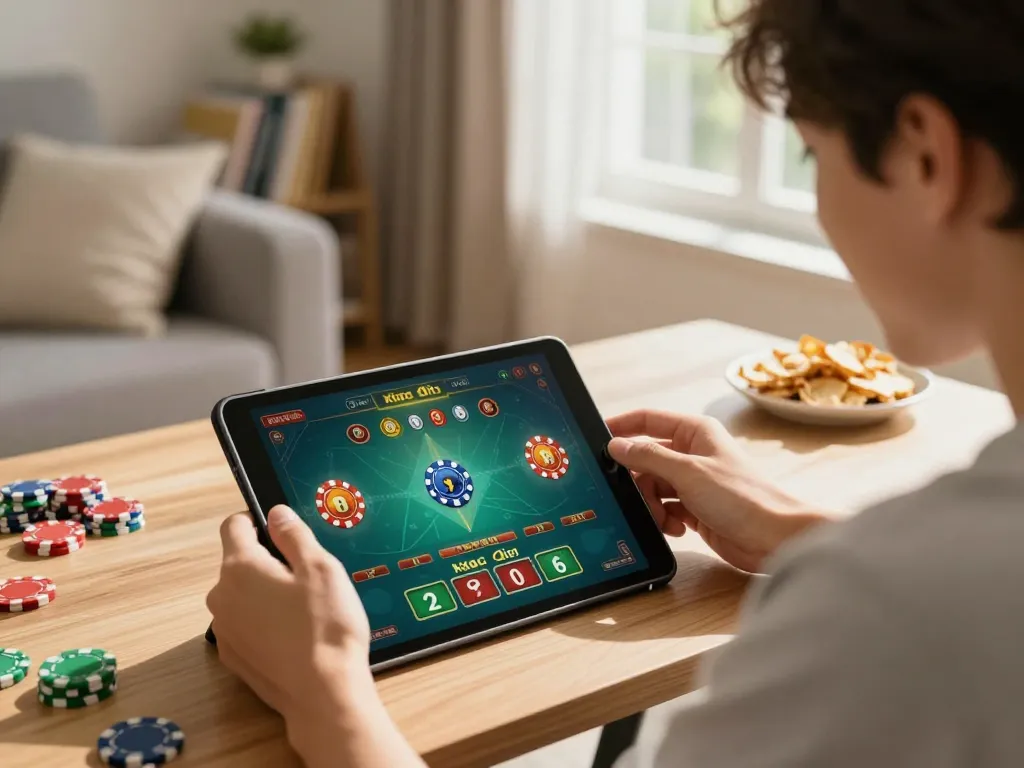 xóc đĩa online player engaged in strategic bets in a cozy home setting