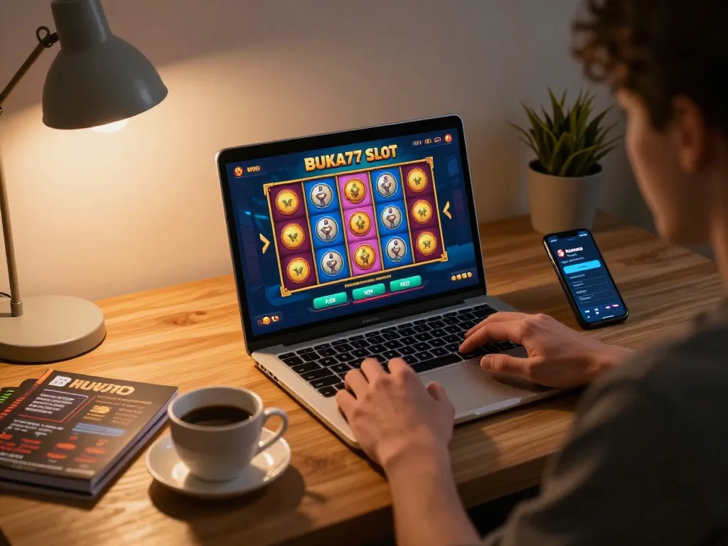 Experience BUKA77 SLOT excitement with a player celebrating a winning spin at home.