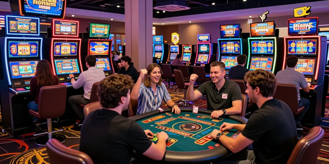 Exciting gaming atmosphere at a credit card casino, showcasing diverse players enjoying vibrant slot machines and tables.