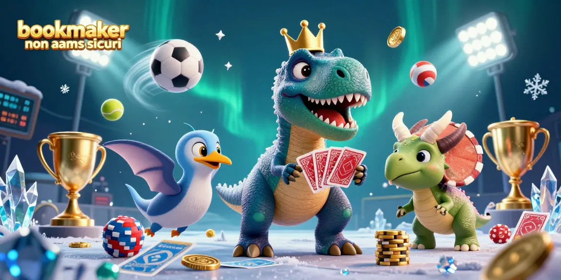 Scopri i bookmaker non AAMS sicuri con una scena vivace di dinosauri divertenti e sportivi in un casinò 3D.
