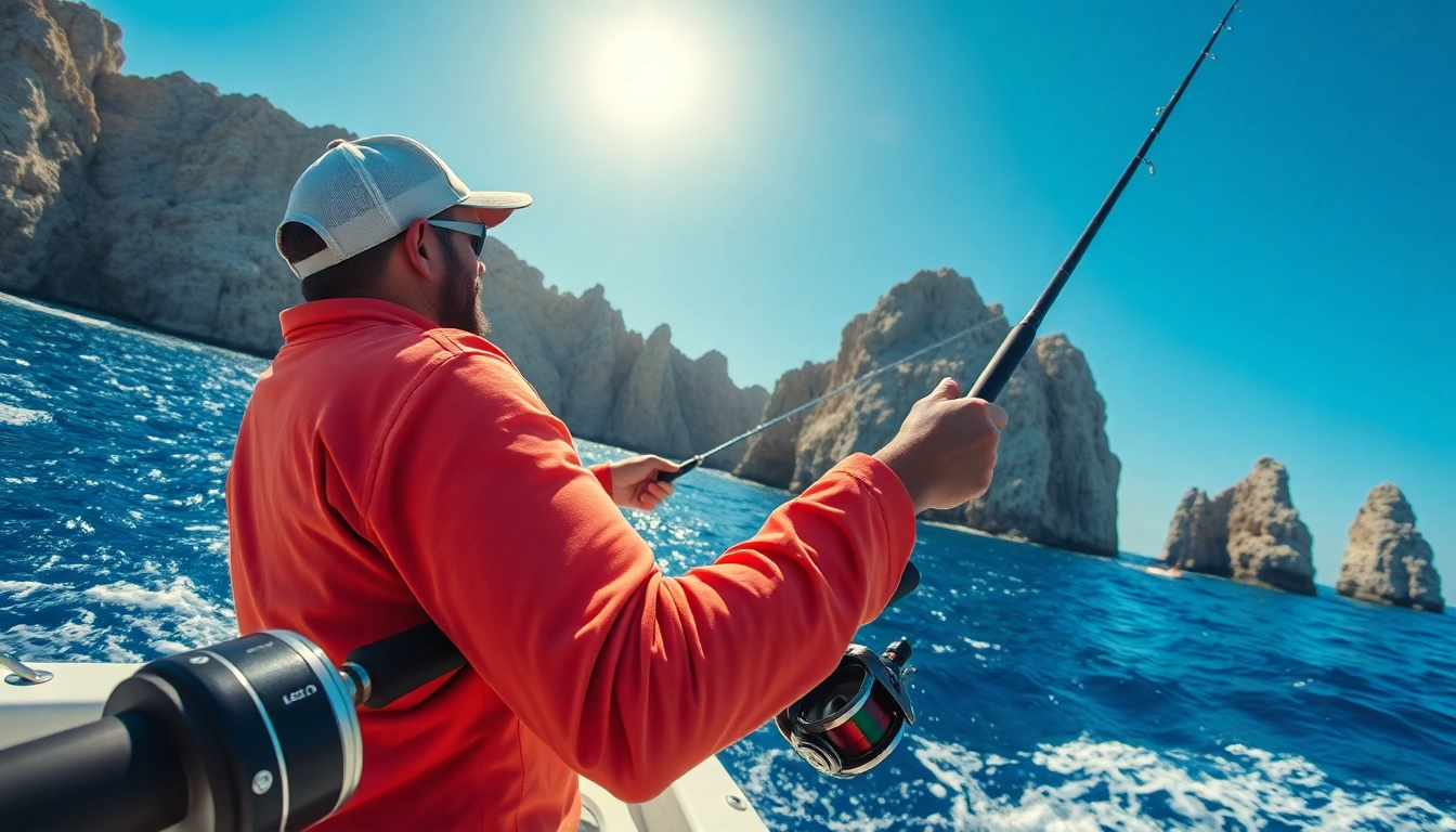 Revealing fishing gear for Cabo used by a fisherman in a bright coastal scene.