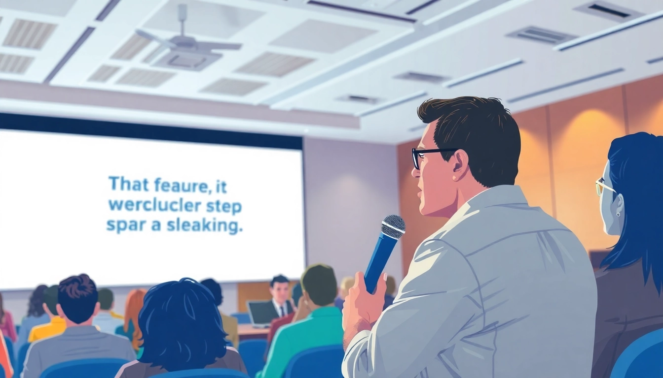 Overcoming Fear of Public Speaking by a confident speaker engaging with an attentive audience.