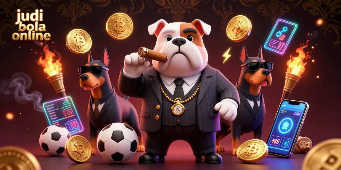 Bet confidently with judi bola online, featuring a cartoon mafia boss and security amidst sports betting elements.