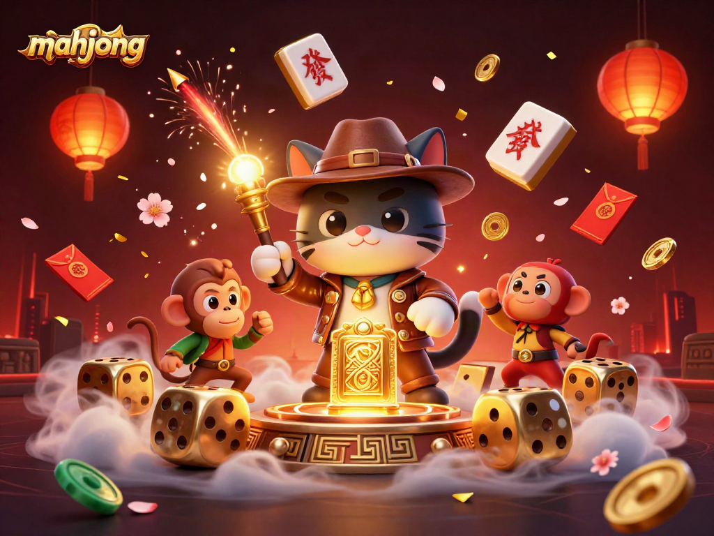 Winning at mahjong: 3D cat explorer finds golden casino treasures surrounded by festive elements.