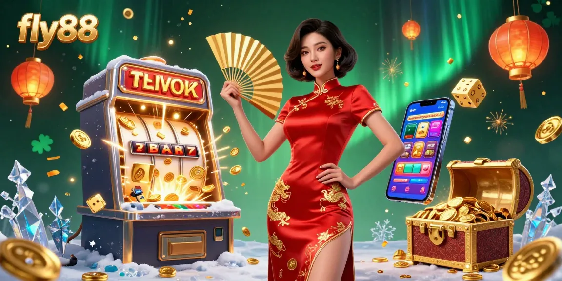 Win big with fly88 in this vibrant 3D casino scene featuring a confident woman, slot machines, and golden treasures.