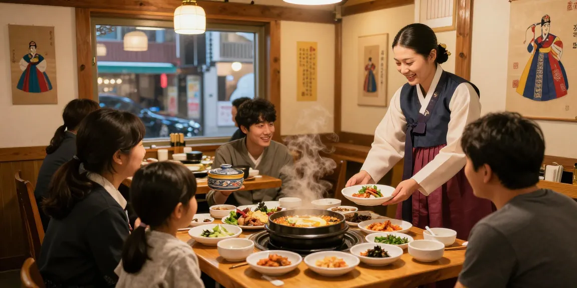 Dining experience at 상봉동 한국관 featuring shared Korean dishes, warm ambiance, and traditional decor.