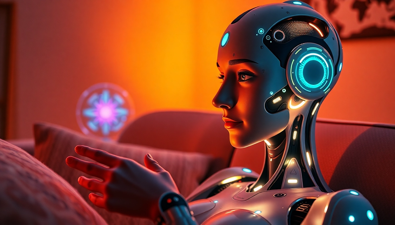 AI sex companion in a cozy setting with warm lighting, showcasing intimacy and technology.