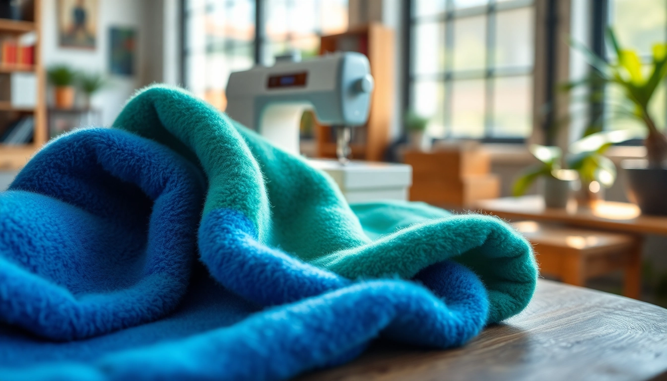 Fleece stoffen uitgestald op een houten tafel met levendige kleuren en zachte textuur.