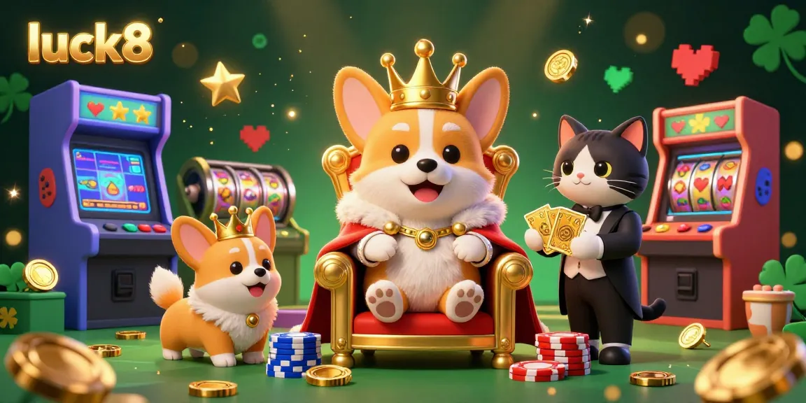 Engage with luck8's vibrant casino scene featuring a royal corgi with a throne of poker chips.