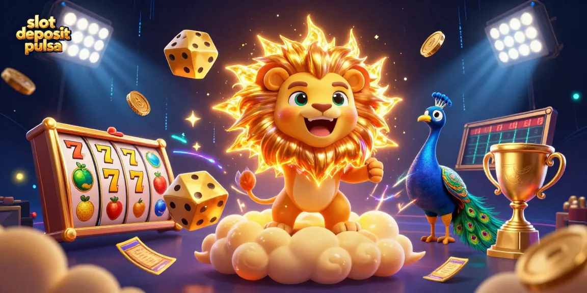 Permainan slot deposit pulsa yang seru dengan simbol slot, jackpot, dan karakter kartun yang menghibur.