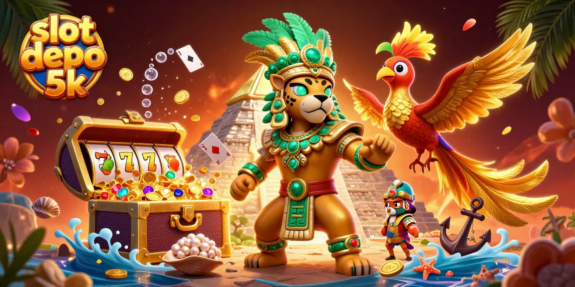 Win big with slot depo 5k in a dynamic casino-themed 3D illustration featuring jackpot elements.