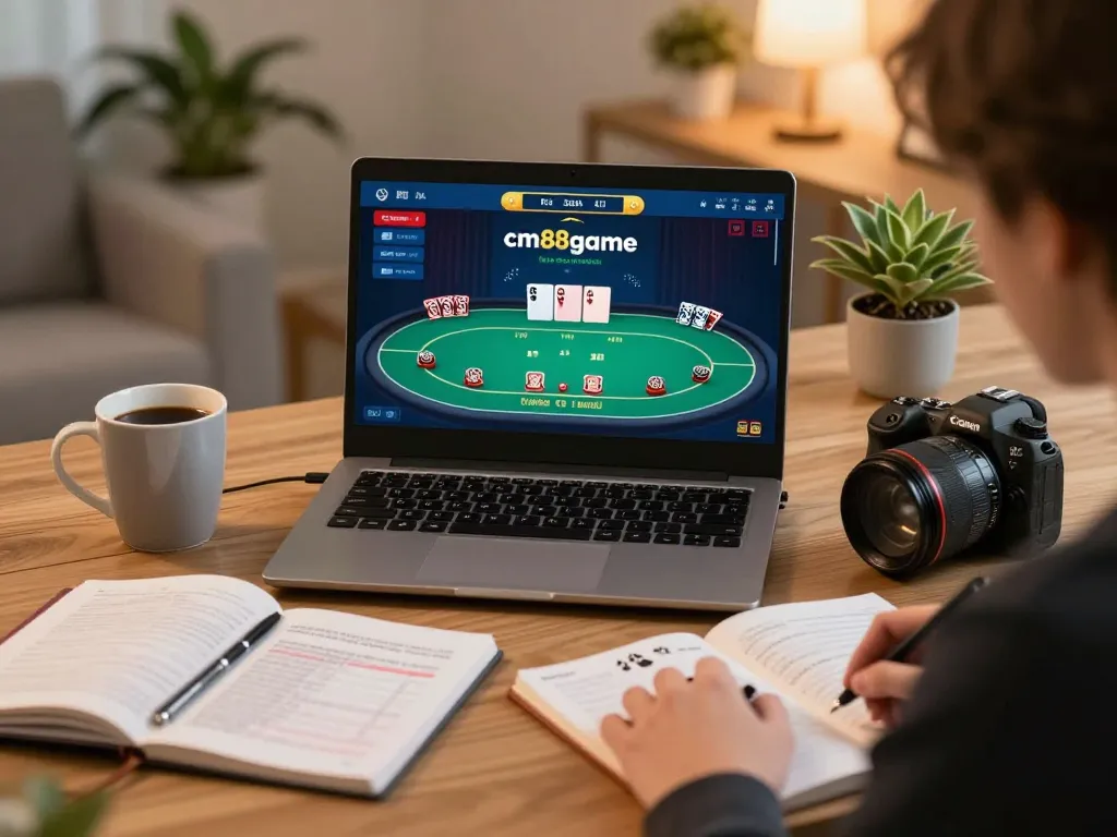 Player engaging with cm88game's poker interface at a cozy online gaming setup.