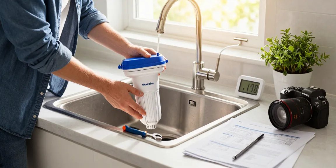 Installing the Waterdrop Spin Down Sediment Filter under a kitchen sink with natural light and tools.