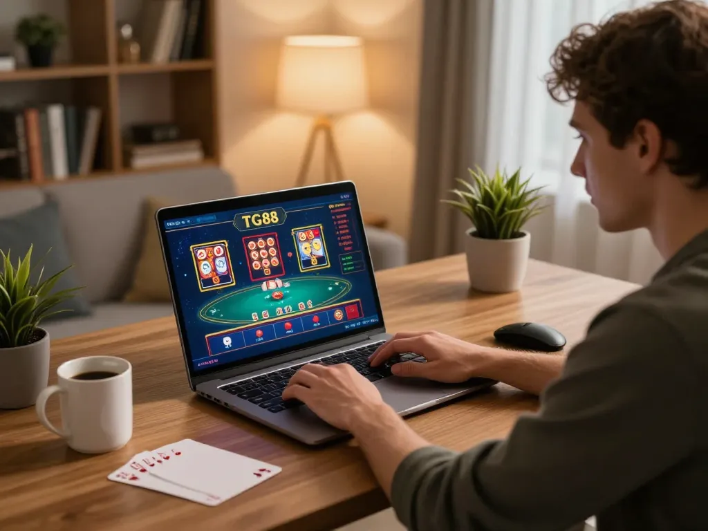Playing games on tg88 trang chủ using laptop in a stylish home office, focusing on online casino experience.