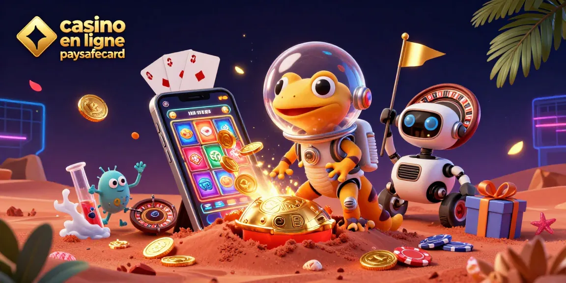 Illustration dynamique d'un casino en ligne paysafecard avec un gecko martien et des éléments de jeu captivants.