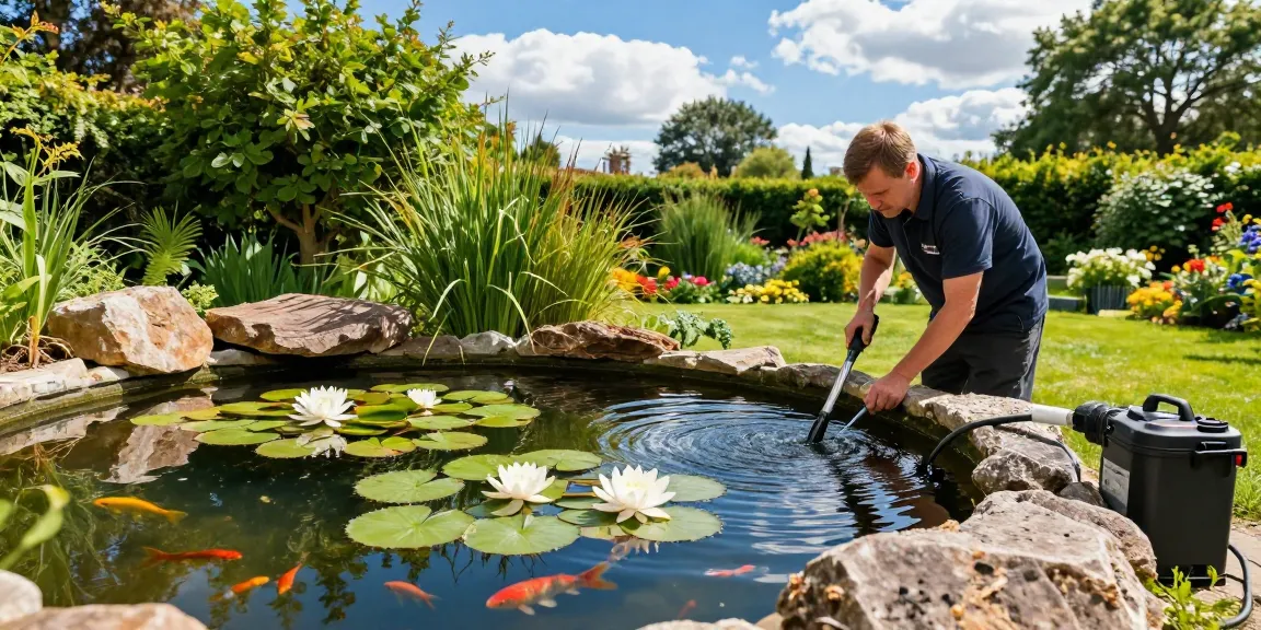 Pond Clean Surrey service technician restoring a residential pond with professional equipment amidst a vibrant garden.