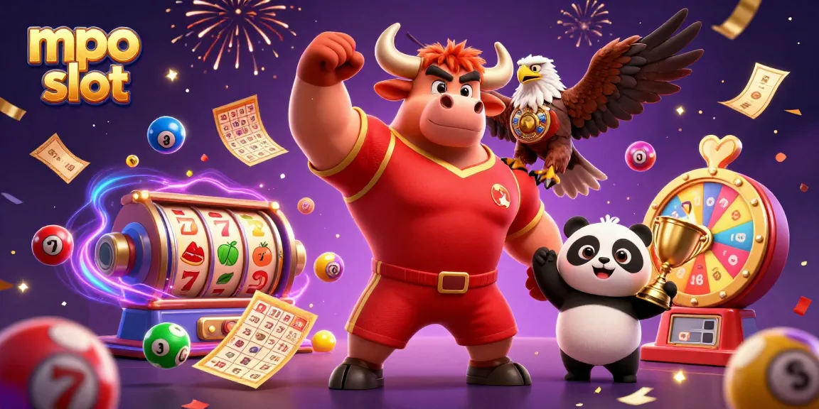 Win with mpo slot at this vibrant casino scene featuring a bull, eagle, and panda celebrating!