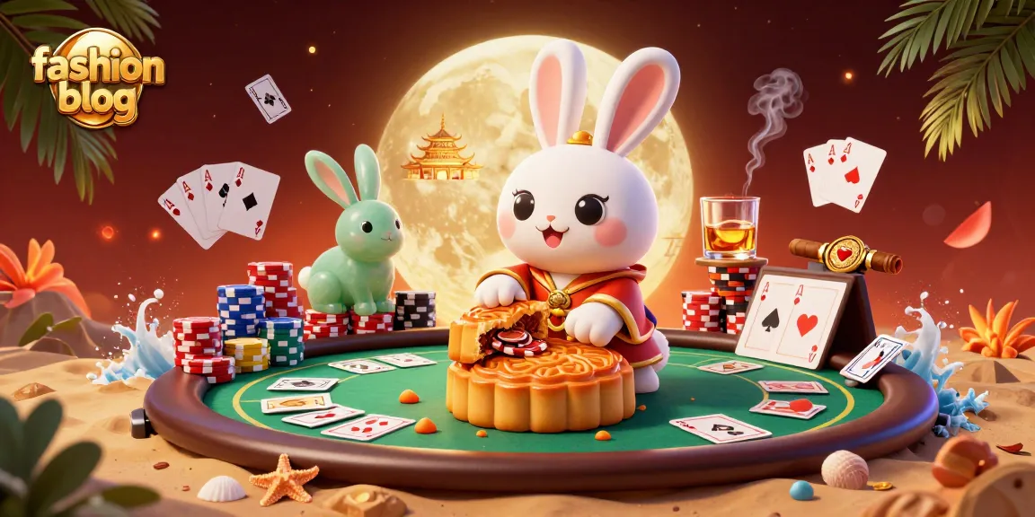 Experience a vibrant fashion blog scene with a moon rabbit and poker elements bringing gaming excitement.