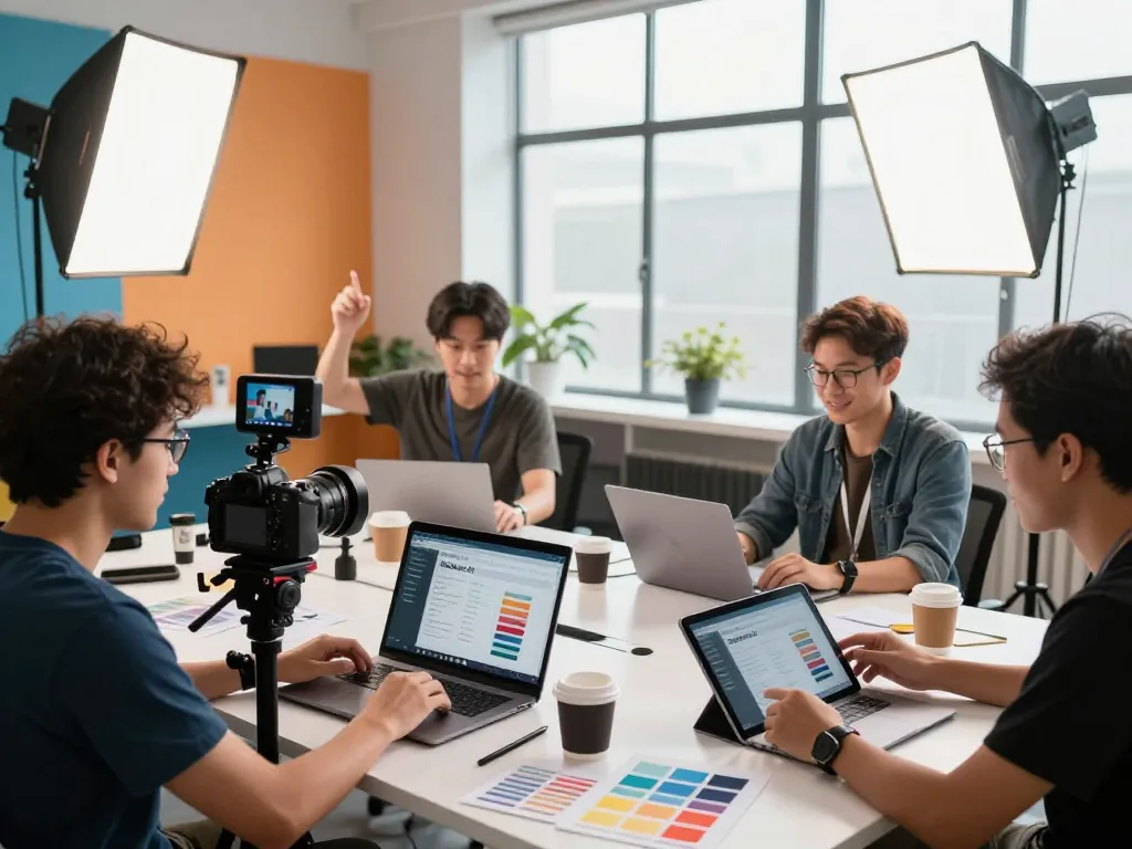Creators utilizing seedance 2.0 in a vibrant video production studio, showcasing teamwork and advanced technology.
