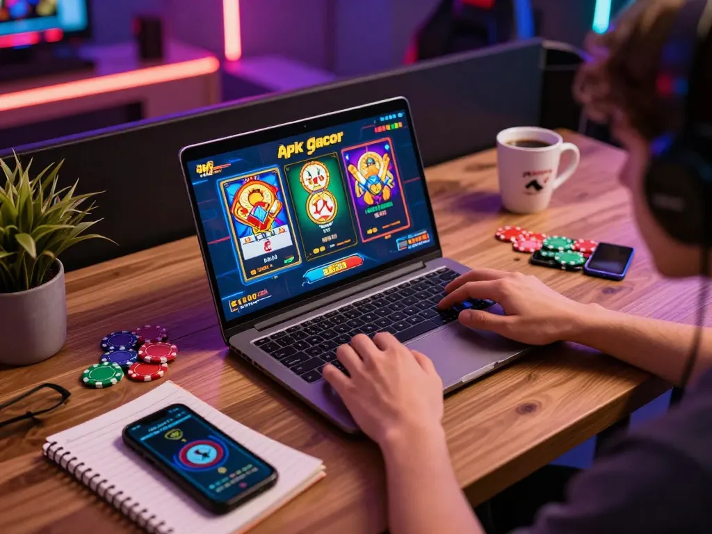 Engaging in a lively apk gacor slot game on a laptop with poker chips and gaming notes.