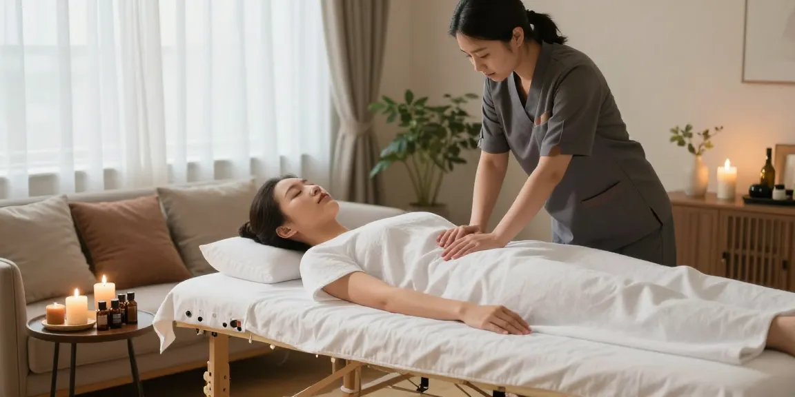 Client enjoying 출장안마 in a cozy home setting with professional therapist.