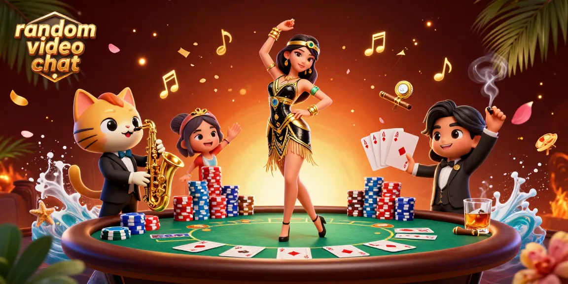 Engage in random video chat with colorful poker elements and fun characters in a vibrant casino scene.
