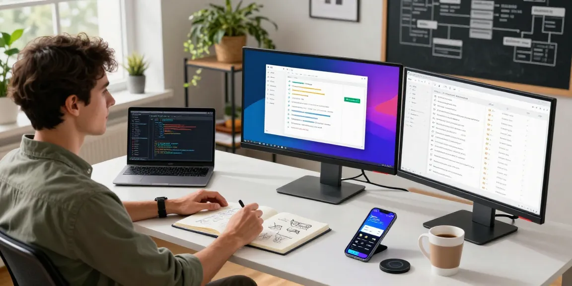AI Product Engineering services in a modern software development workspace with screens showing code and user interfaces.