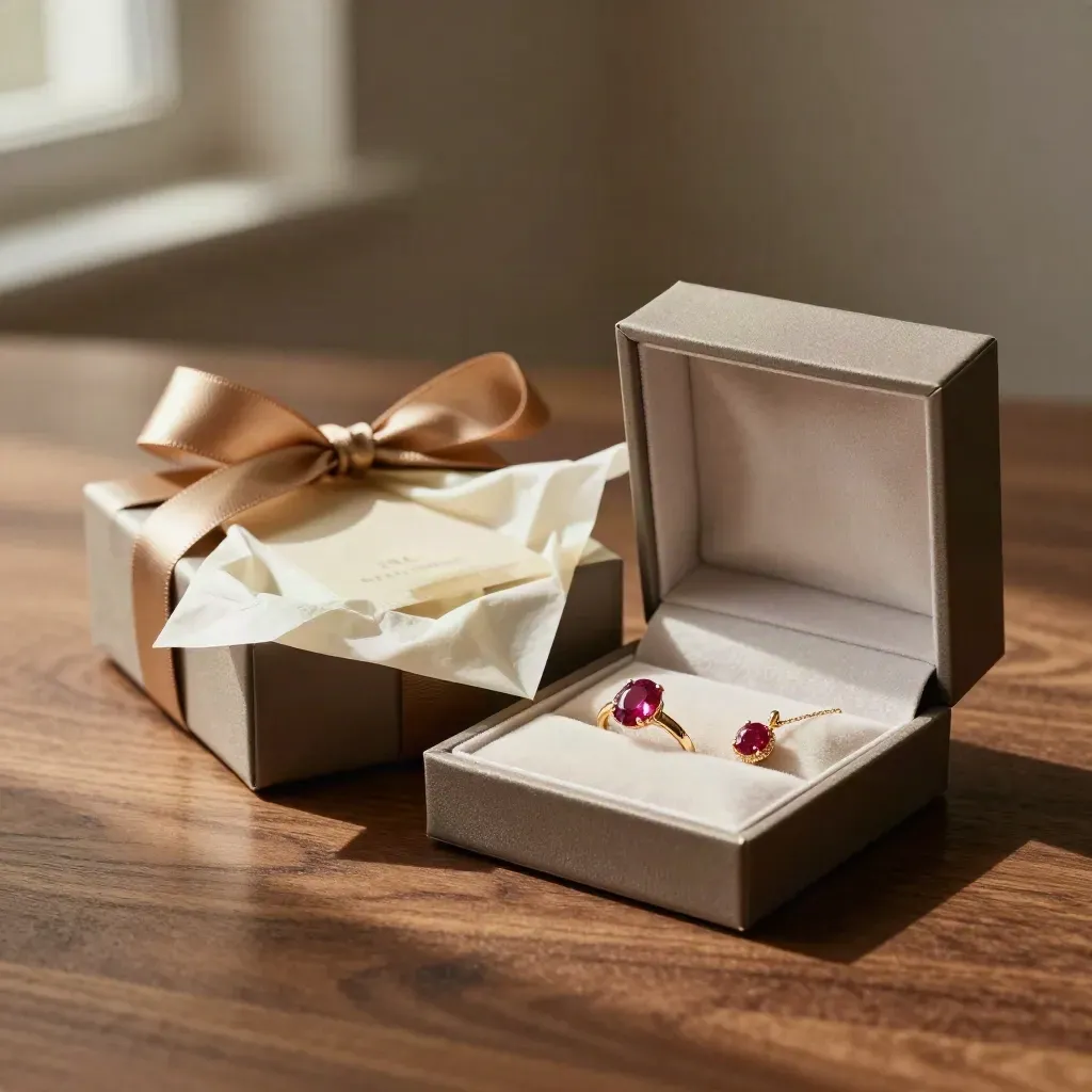 Open gift box with ruby jewelry, ivory tissue, gold ribbon, and velvet tray on a walnut surface.