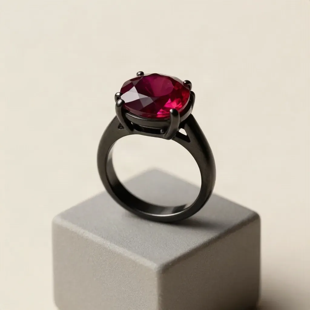 Black curved ring suspended above an ivory field with a small matte pedestal