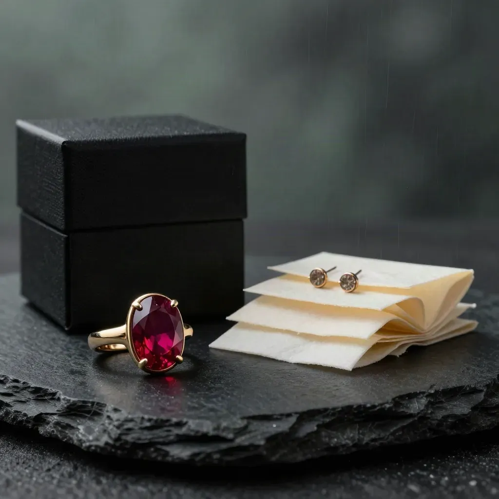 Ruby ring with gift box, pendant, studs, and tissue on dark stone