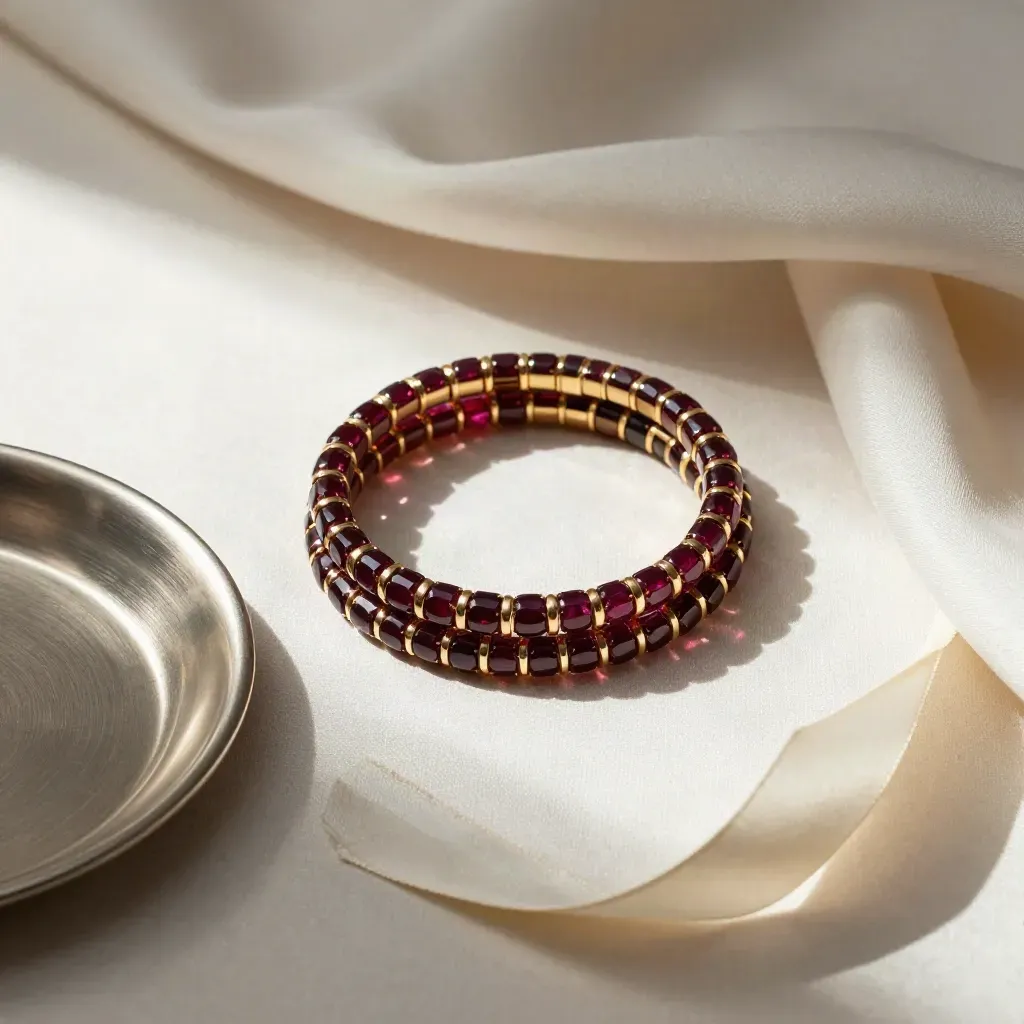 Ruby bangle set nestled in ivory silk beside a brushed tray and ribbon coil.