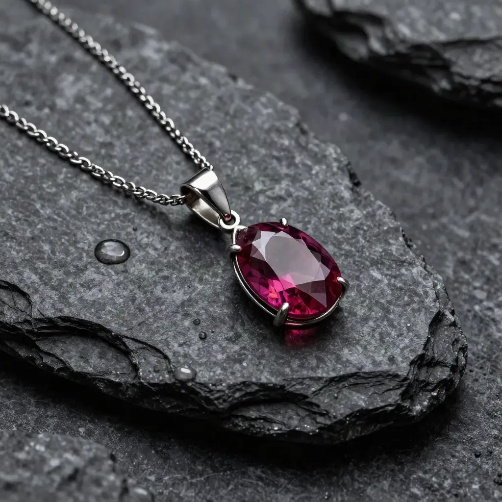 Solara Ruby Pendant on wet basalt with loose chain, pebble, and cool studio highlights.