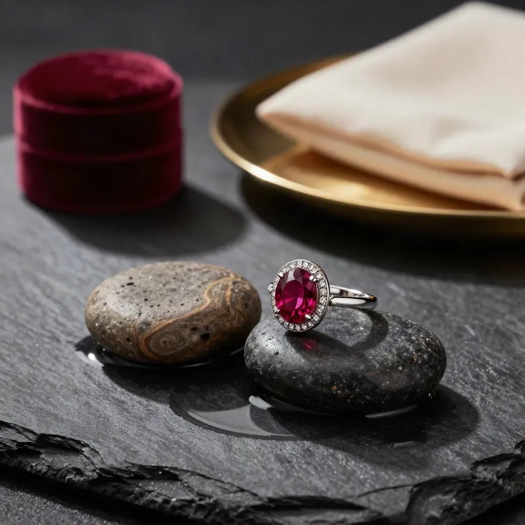 Ruby halo cocktail ring on a wet pebble with water beads and a second stone