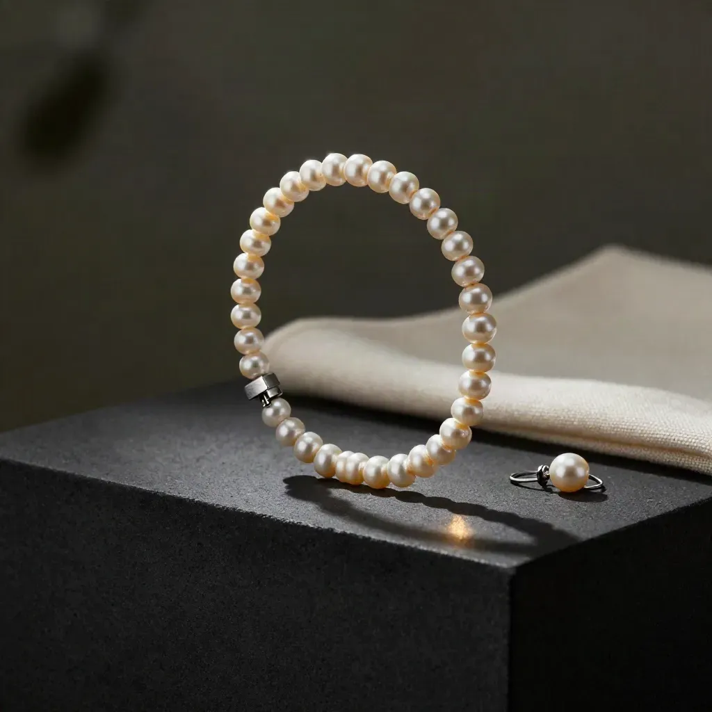 Pearl bracelet arcing between brushed-metal blocks on a dark plinth with soft studio light.