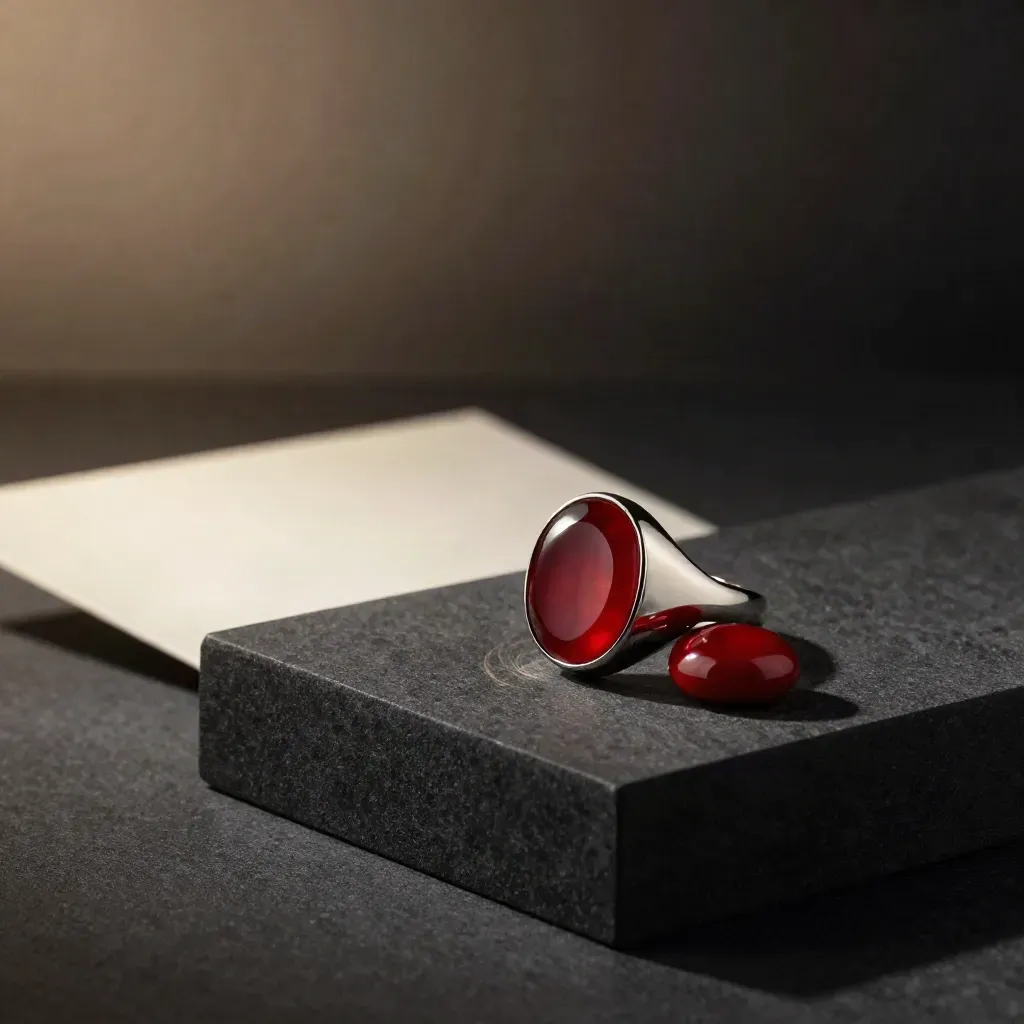 Scarlet signet ring on charcoal pedestal with a small stone and blurred card behind.