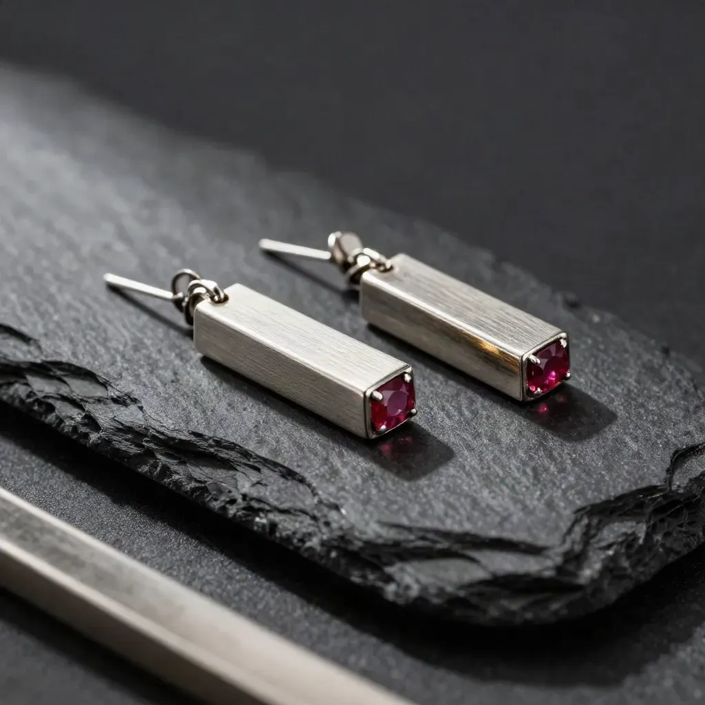 Ruby bar earrings beside brushed silver offcuts on a charcoal stone slab.