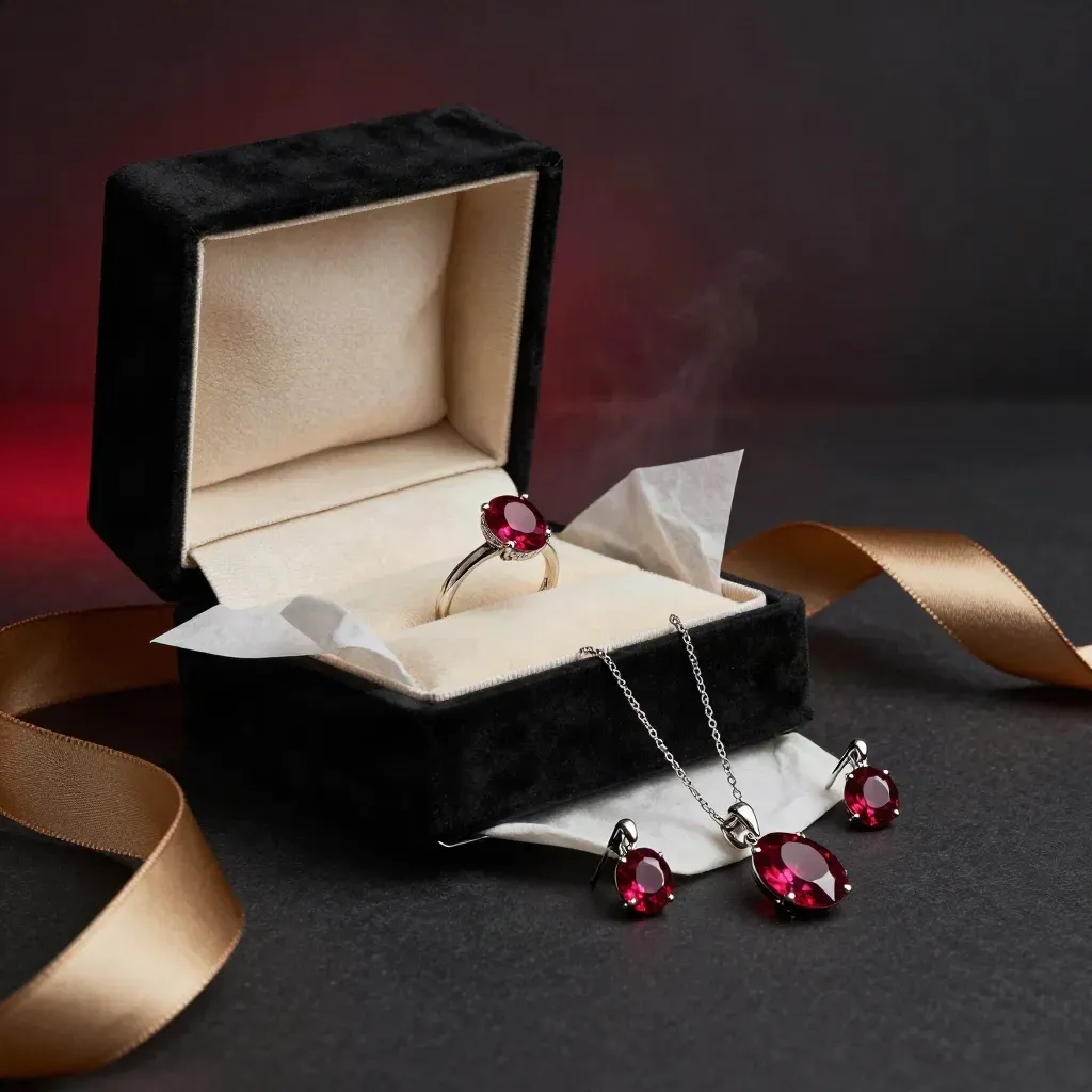 Open black gift box with ruby ring, pendant and earrings in ivory tissue and gold ribbon.