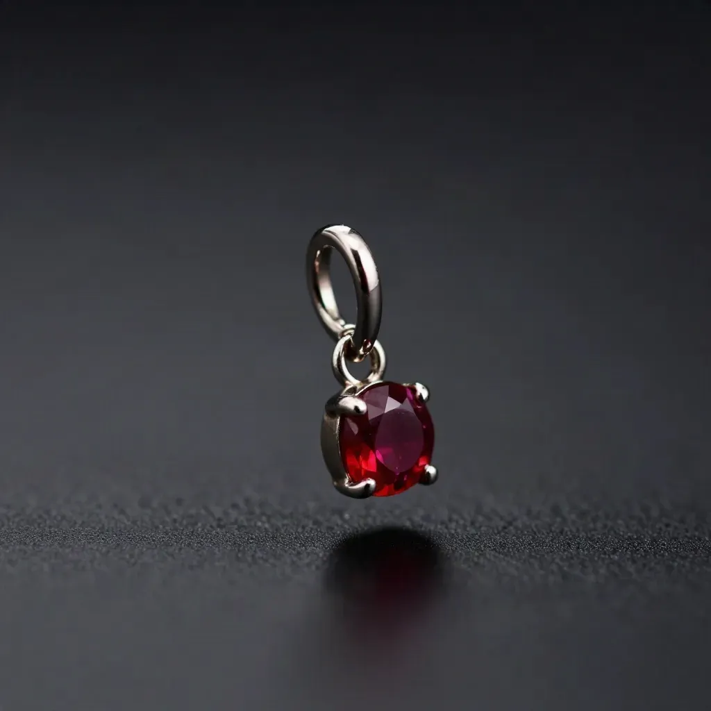 Mini Ruby Charm with ruby bead and chain loop suspended over a dark studio surface.