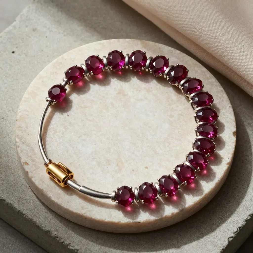 Overhead macro of crescent ruby hoops with a stone disc and gold clasp on pale stone.