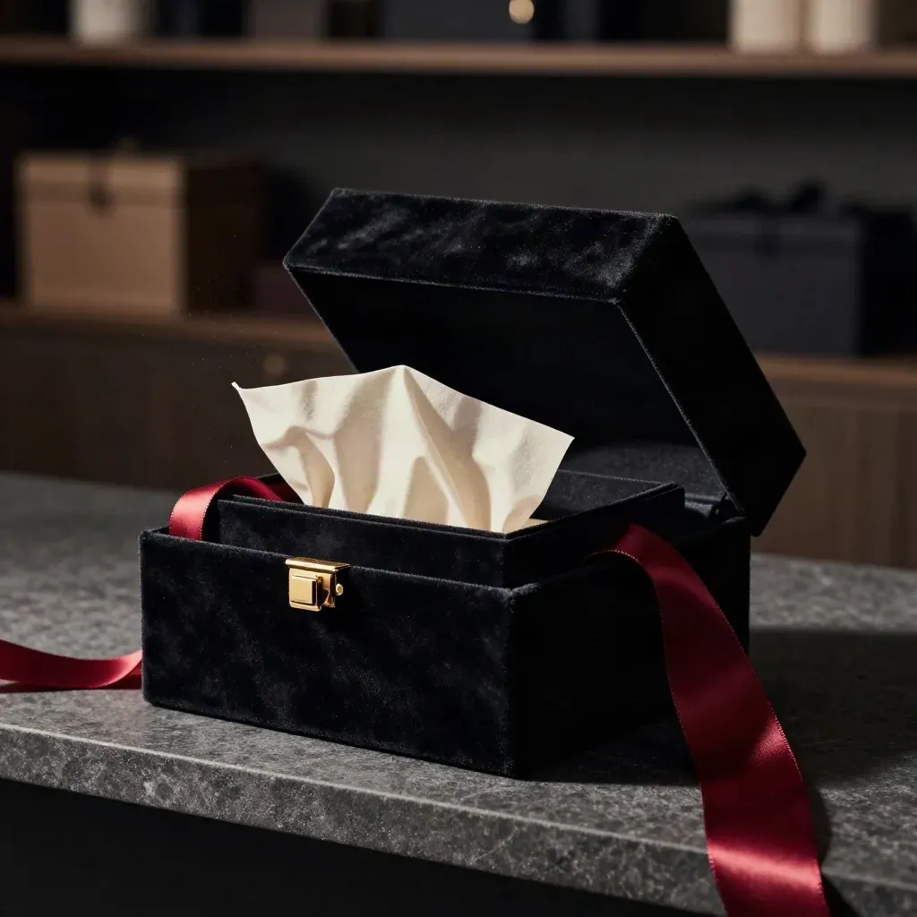 Nested black velvet gift boxes with ivory tissue and a ruby ribbon on charcoal stone.