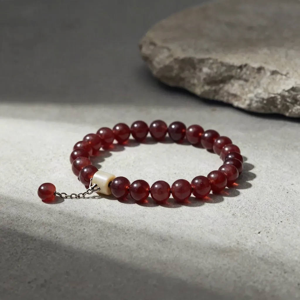 Ruby anklet looped around a pale stone cylinder on cool concrete in soft side light.