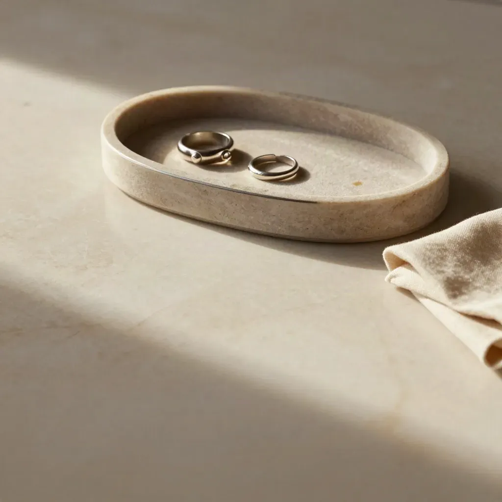 Ivory marble with a ring tray and stone plinth, soft morning light, calm copy space.